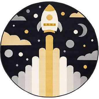 Functional Kids Black White Yellow Rocketship Rug, 5'3" x 5'3" Round