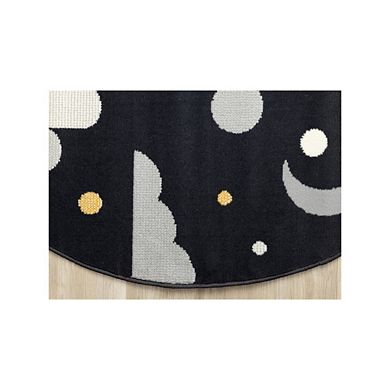 Functional Kids Black White Yellow Rocketship Rug, 5'3" x 5'3" Round