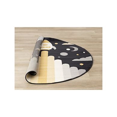 Functional Kids Black White Yellow Rocketship Rug, 5'3" x 5'3" Round