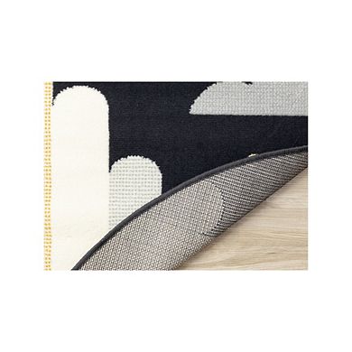 Functional Kids Black White Yellow Rocketship Rug, 5'3" x 5'3" Round