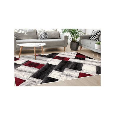 Functional Style Grey Red Block Pattern Rug, 4'7" x 6'7"