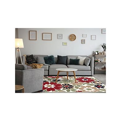Functional Style Red Cream Floral Rug, 4'7" x 6'7"
