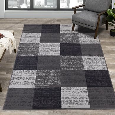Functional Style Grey Squares Rug, 4'7" x 6'7"