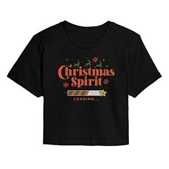 Juniors' Christmas Spirit Loading Cropped Christmas Graphic Tee