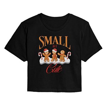 Juniors' Small But Cute Gingerbread Man Cropped Christmas Graphic Tee