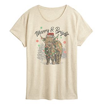 Women's Merry & Bright Highland Cow Christmas Graphic Tee