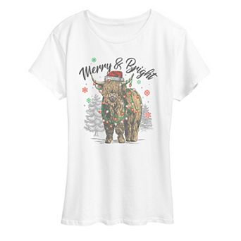 Women's Merry & Bright Highland Cow Christmas Graphic Tee