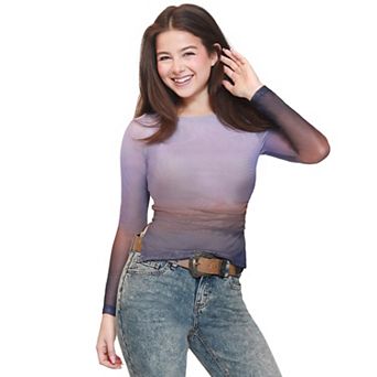 Juniors' madden girl Long Sleeve Ruched Boat Neck Split Hem Tee