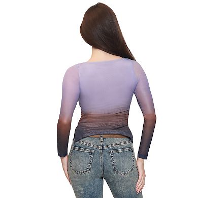 Juniors' madden girl Long Sleeve Ruched Boat Neck Split Hem Tee