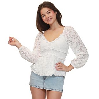 Juniors' madden girl Long Sleeve Ruffle Babydoll Peasant Top