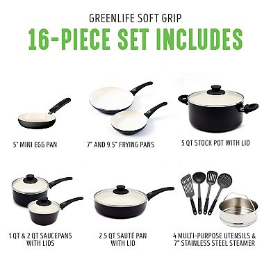 GreenLife Soft Grip 16-pc. Aluminum Healthy Ceramic Nonstick Cookware Set