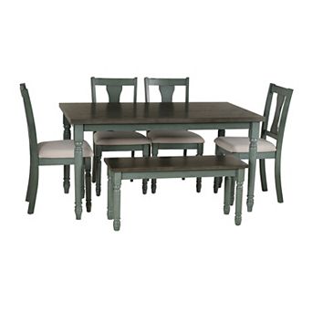Linon Willow Dining Table, Bench & Upholstered Seats 6 pc Set