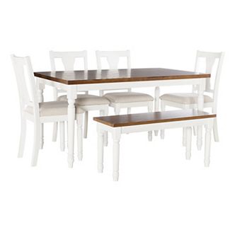 Linon Willow Dining Table, Bench & Upholstered Seats 6 pc Set