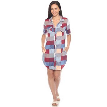 Women's Short Sleeve Plaid Button-Down Shirt Dress