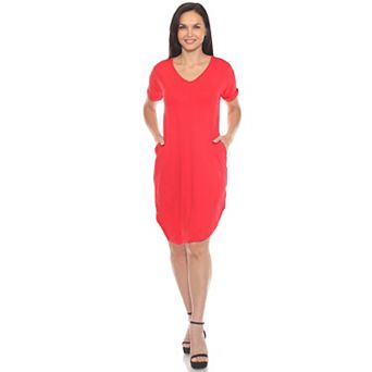Women's V-Neck Knee-Length Dress with Folded Sleeves and Pockets