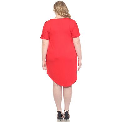 Plus Size V-Neck Folded Sleeves and Pockets Knee-Length Dress