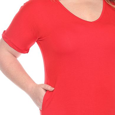 Plus Size V-Neck Folded Sleeves and Pockets Knee-Length Dress