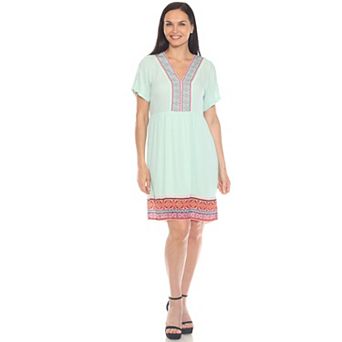 Women's Short Sleeve Embroidered V-Neck Shift Dress