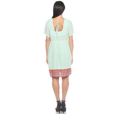 White Mark Women's Short Sleeve Embroidered V-Neck Shift Dress - Mint