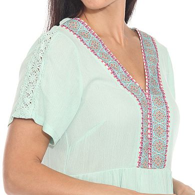 Women's Short Sleeve Embroidered V-Neck Shift Dress