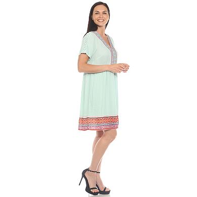 Women's Short Sleeve Embroidered V-Neck Shift Dress