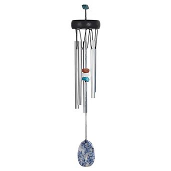 FC Design 15" Long Wood Top Blue Agate Geode Wind Chime Decoration Garden and Patio Decor