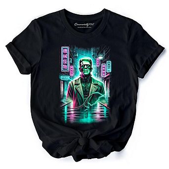 Cyberpunk Frankenstein T‑Shirt, Neon Halloween Monster Tee