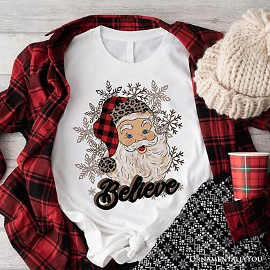 Believe Santa Buffalo Plaid T‑Shirt, Retro Christmas Tee