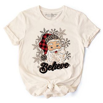 Believe Santa Buffalo Plaid T‑Shirt, Retro Christmas Tee