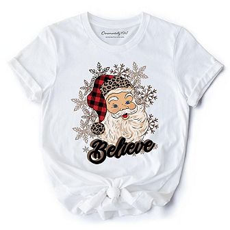 Believe Santa Buffalo Plaid T‑Shirt, Retro Christmas Tee