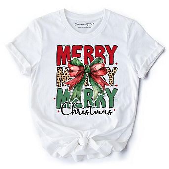 Coquette Merry Christmas Bow T-Shirt, Festive Leopard Holiday Tee