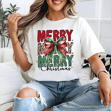 Coquette Merry Christmas Bow T-Shirt, Festive Leopard Holiday Tee