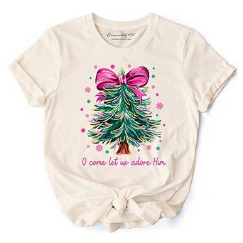 Glitter Christmas Tree Coquette Bow T‑Shirt, O Come Let Us Adore Him Holiday Tee