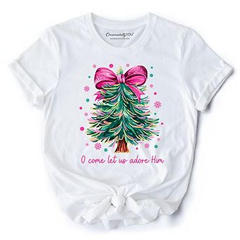 Glitter Christmas Tree Coquette Bow T‑Shirt, O Come Let Us Adore Him Holiday Tee