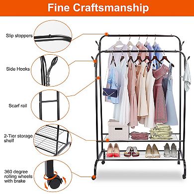 Garment Rack with 2 Rails, 2 Shelves, 4 Wheels & Hooks Clothing, Shoe & Pillow Organizer Stand