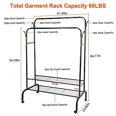 Garment Rack with 2 Rails, 2 Shelves, 4 Wheels & Hooks Clothing, Shoe & Pillow Organizer Stand