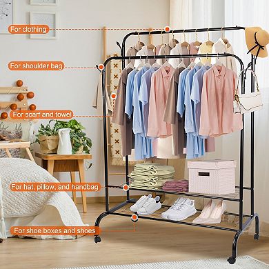 Garment Rack with 2 Rails, 2 Shelves, 4 Wheels & Hooks Clothing, Shoe & Pillow Organizer Stand