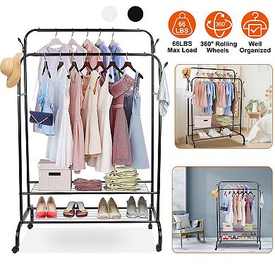 Garment Rack with 2 Rails, 2 Shelves, 4 Wheels & Hooks Clothing, Shoe & Pillow Organizer Stand
