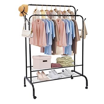 Garment Hanging Rack with 2 Rails, 2 Shelves, 4 Wheels & 4 Hooks, Clothes Organizer Stand