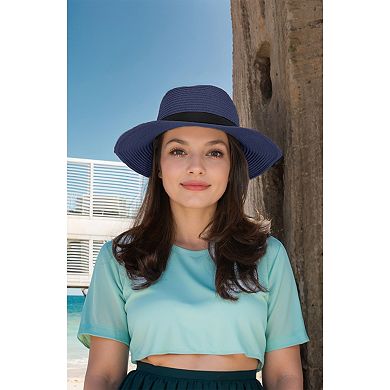 Wide Brim Straw Fedora Sun Hat with Black Band Lightweight Packable Summer Panama Hat