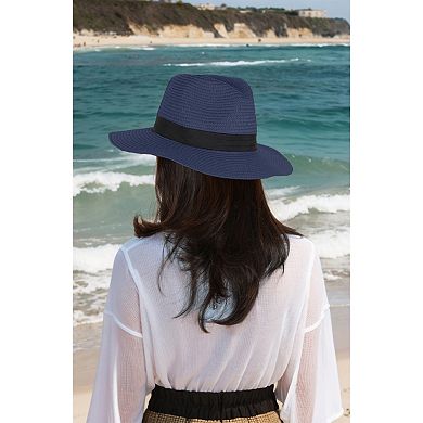 Wide Brim Straw Fedora Sun Hat with Black Band Lightweight Packable Summer Panama Hat