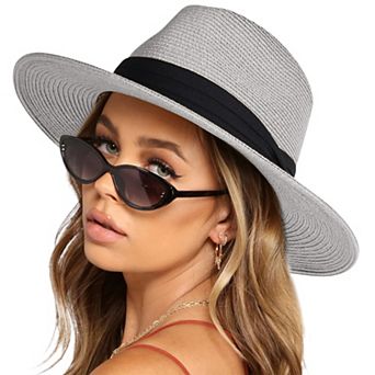 Wide Brim Straw Fedora Sun Hat with Black Band Lightweight Packable Summer Panama Hat