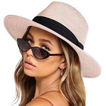 Wide Brim Straw Fedora Sun Hat with Black Band Lightweight Packable Summer Panama Hat