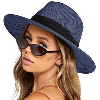 Wide Brim Straw Fedora Sun Hat with Black Band Lightweight Packable Summer Panama Hat