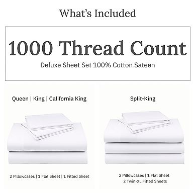 California Design Den 1000 Thread Count Deep Pocket Sheet Set - 100% Cotton Sateen