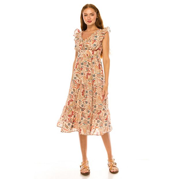 Women's Penelope Rose All Over Print Midi Dress, Size: Large, Bleached Sand