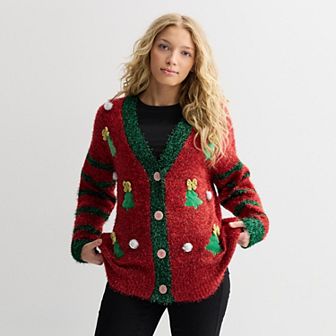 Women's Jollidays Long Sleeve Tinsel Button Front Holiday Cardigan