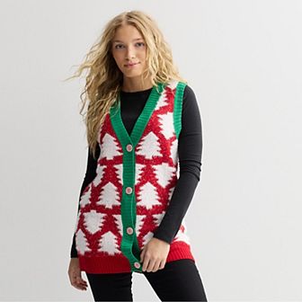 Women's Jollidays Sleeveless Textured Christmas Tree Long Button Front Vest