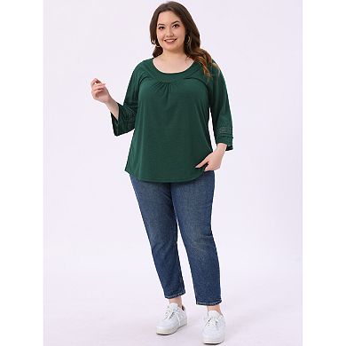 2 Pcs Women's Plus Size Tops Long Sleeve Shirts Crochet Panel Hollow Out Pleated Tunics Tee Blouses