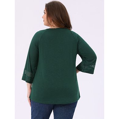 2 Pcs Women's Plus Size Tops Long Sleeve Shirts Crochet Panel Hollow Out Pleated Tunics Tee Blouses